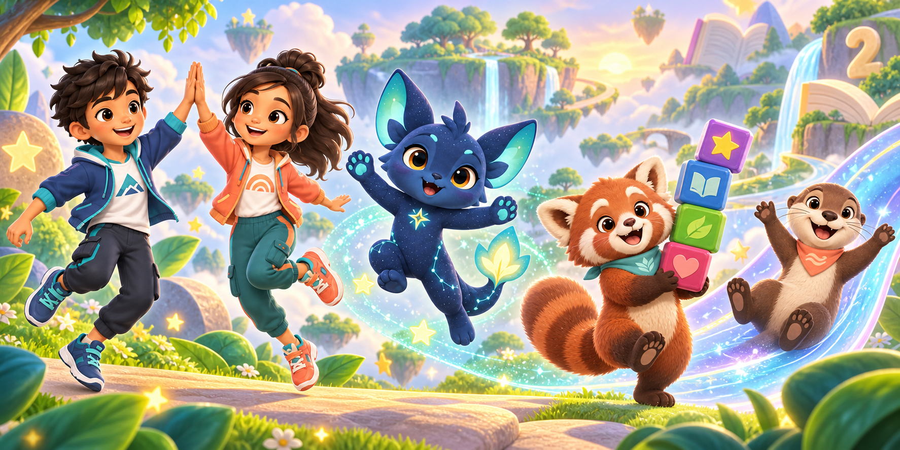 Kai, Mira, Kiku, Miko the red panda, and Tavi the otter playing together in the bright KidKu adventure world